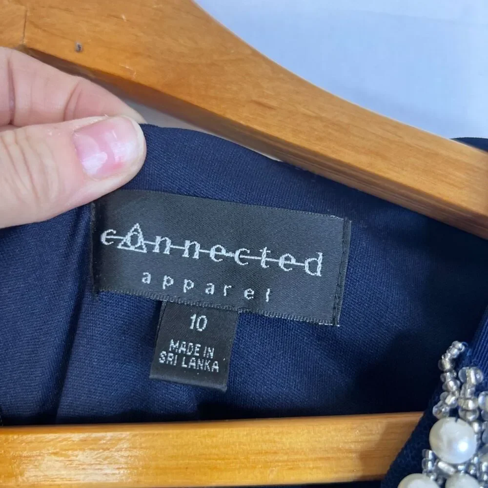 Connected Apparel Navy Blue‎ Sleeveless Pearl Necklace Sheath Dress Size 10